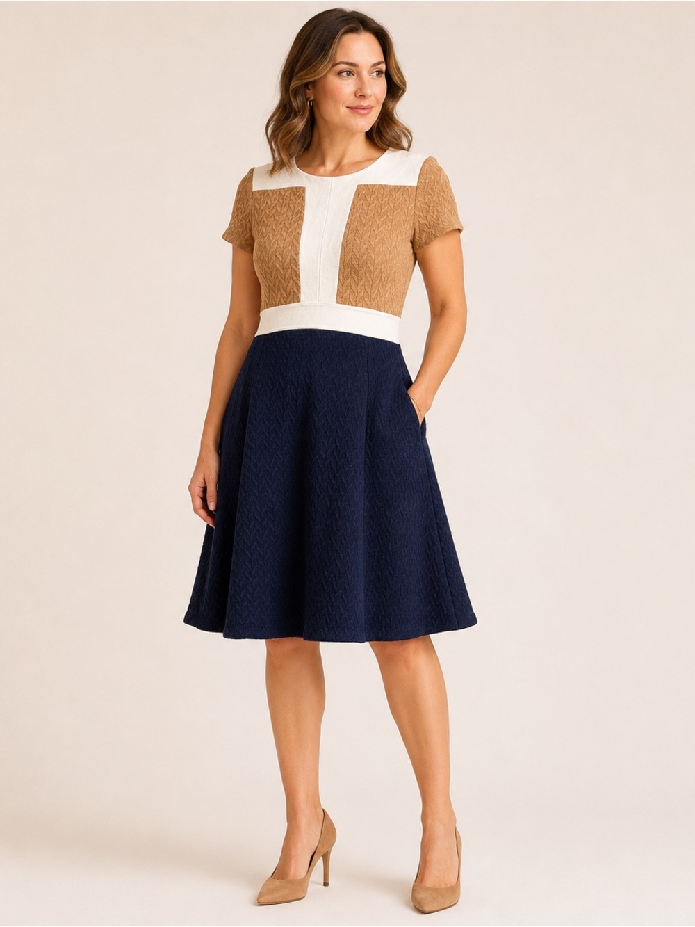 Anthropologie Maeve Cabled Colorblock Fit Flare Dress Pockets Navy 10 - Picture 1 of 16